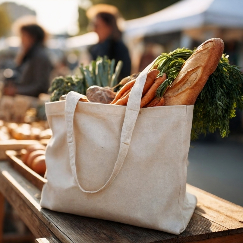 sac rempli de produit alimentaire au camping l'étang du merle