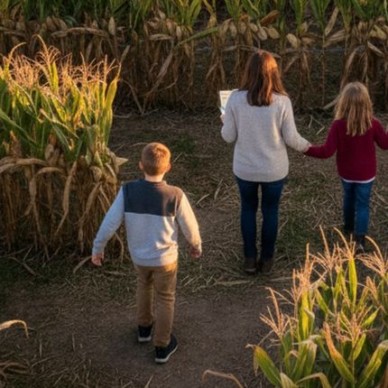 une maman et ses deux enfants qui sont dans un labyrinthe de maïs lors de l'activité labymaïs en bourgogne
